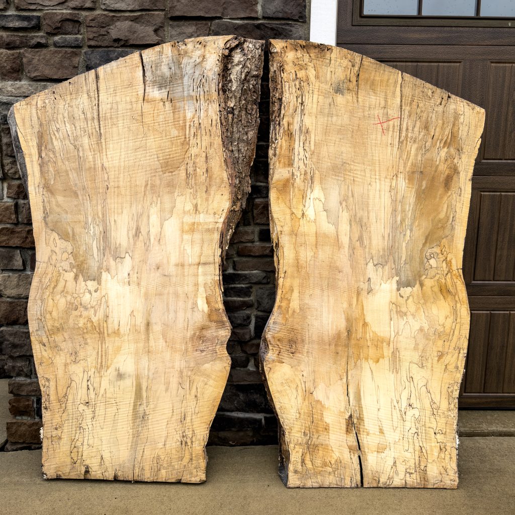 Pair of spalted maple live-edge slabs standing side by side