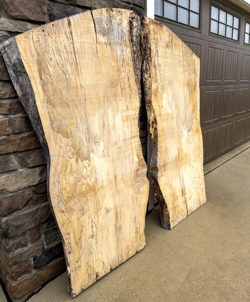 Spalted maple live-edge slabs, angled view showing figure and edges