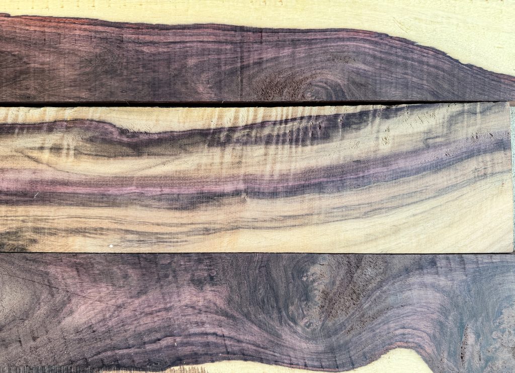 Katalox boards with deep purple-brown heartwood and creamy sapwood