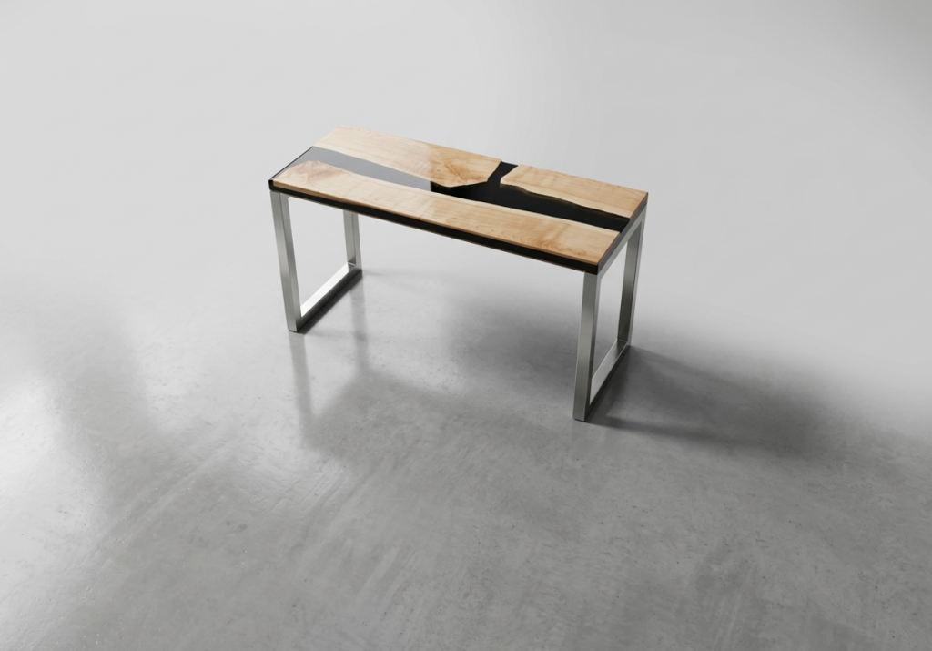 Design render of a hard maple desk with a black river inlay and brushed steel legs