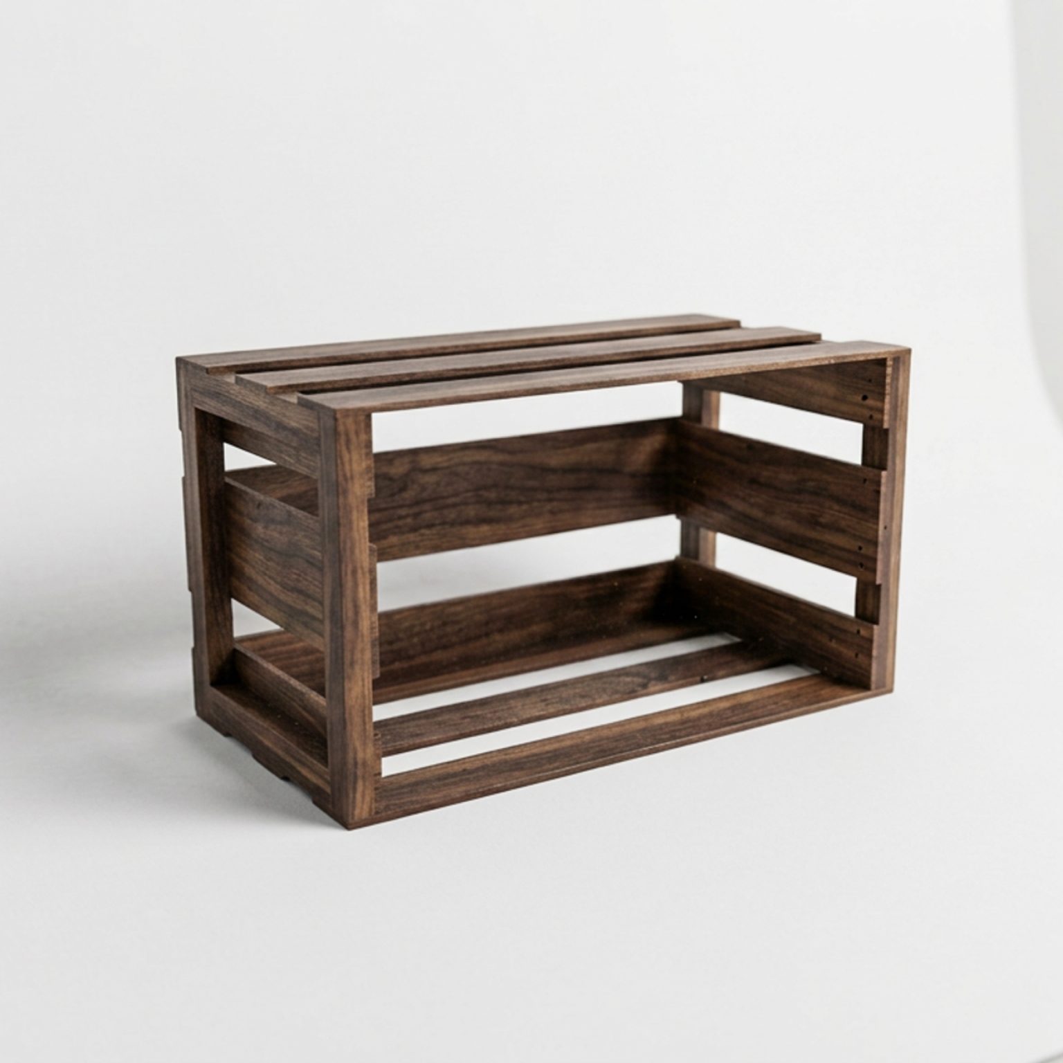 Render of the SoulWoods HiFi Record Crate in black walnut with contrasting dowels