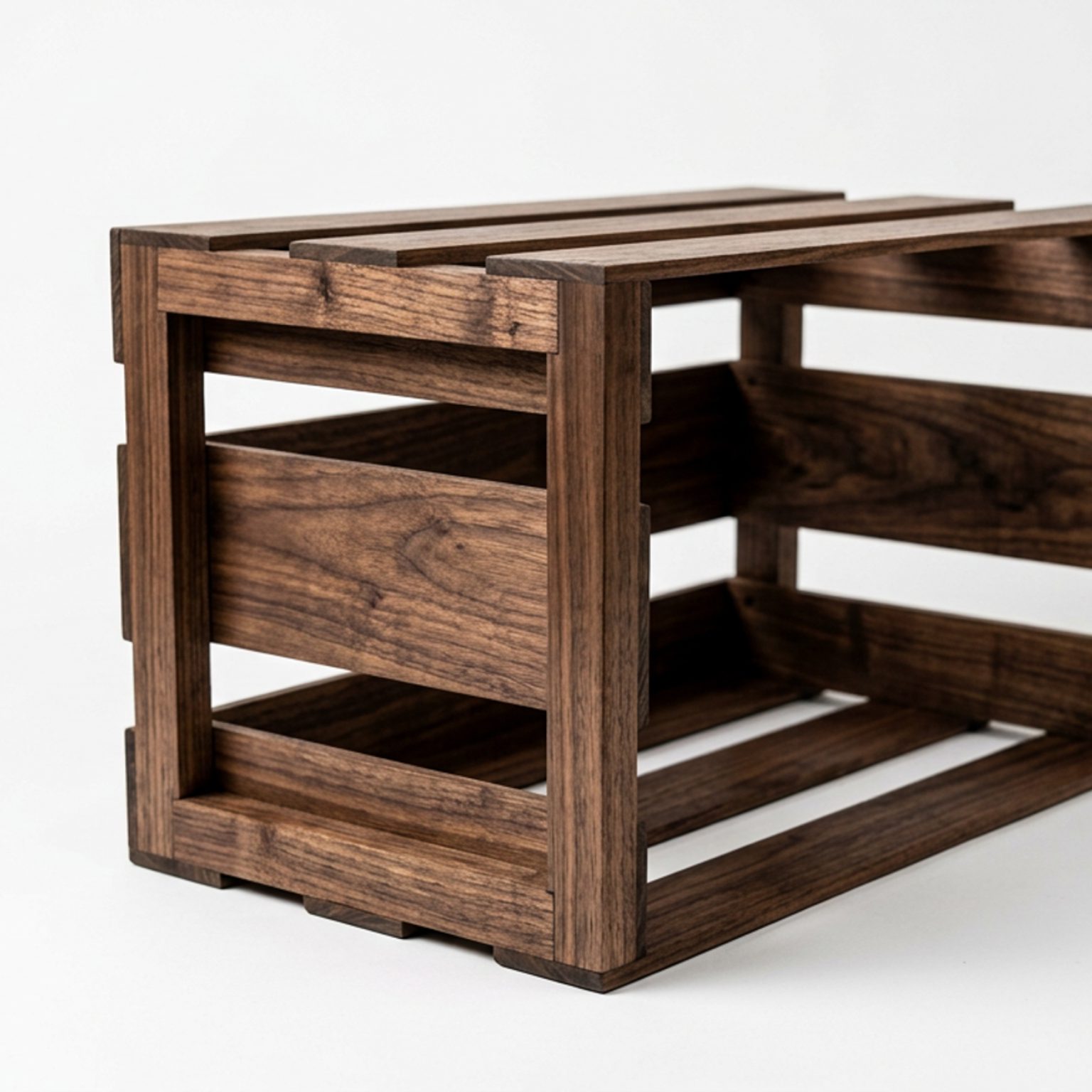 HiFi Record Crate in black walnut, side view showing the contrasting dowels