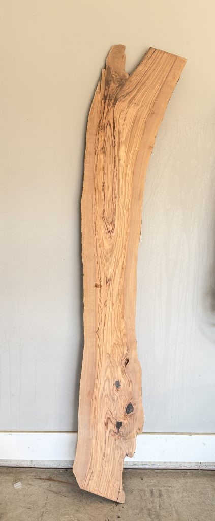 Long olivewood live-edge slab with a forked end and golden, swirling grain