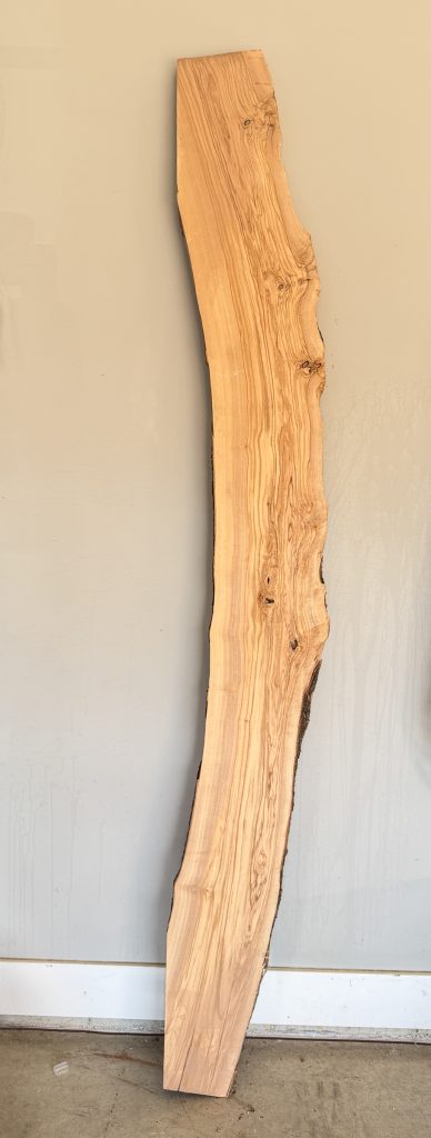 Long, gently curving olivewood live-edge slab, full length